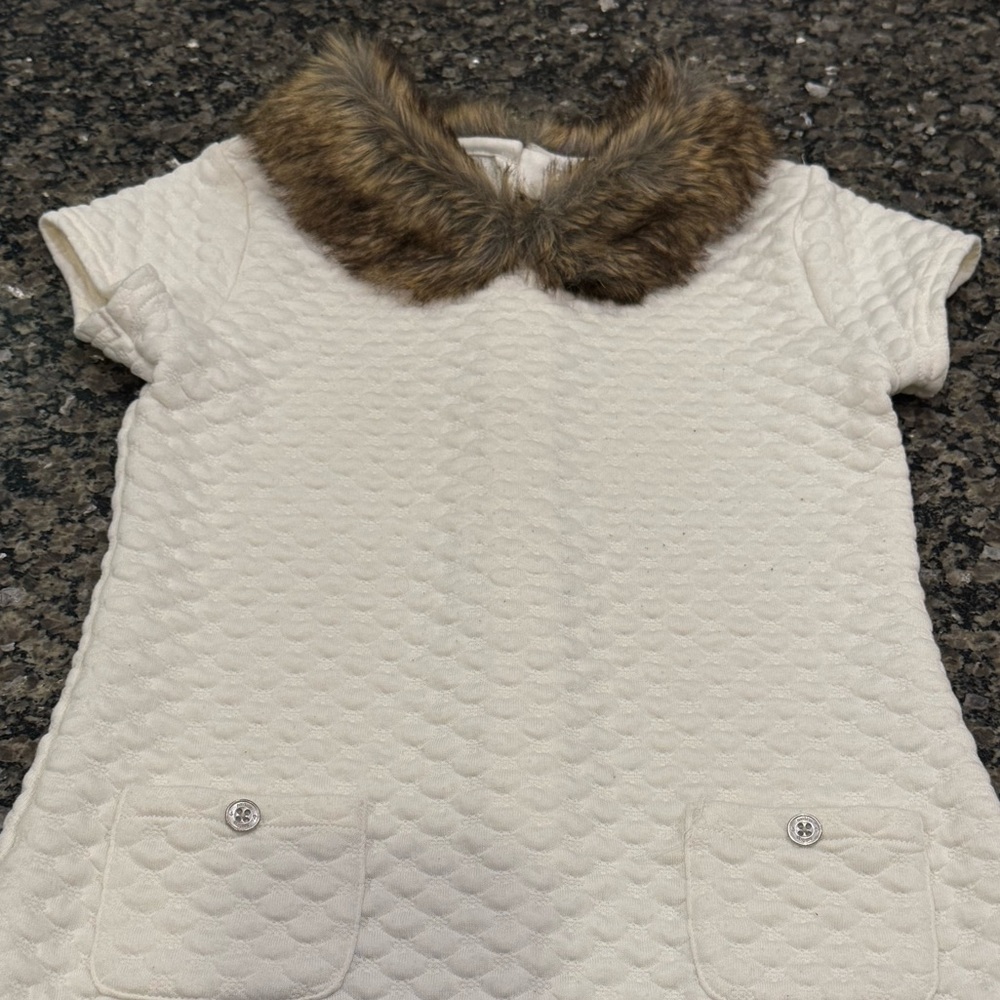Nautica Girls Double Knit Fur Trim Dress Cream Sz 7 Cozy Preppy Luxury Quilted